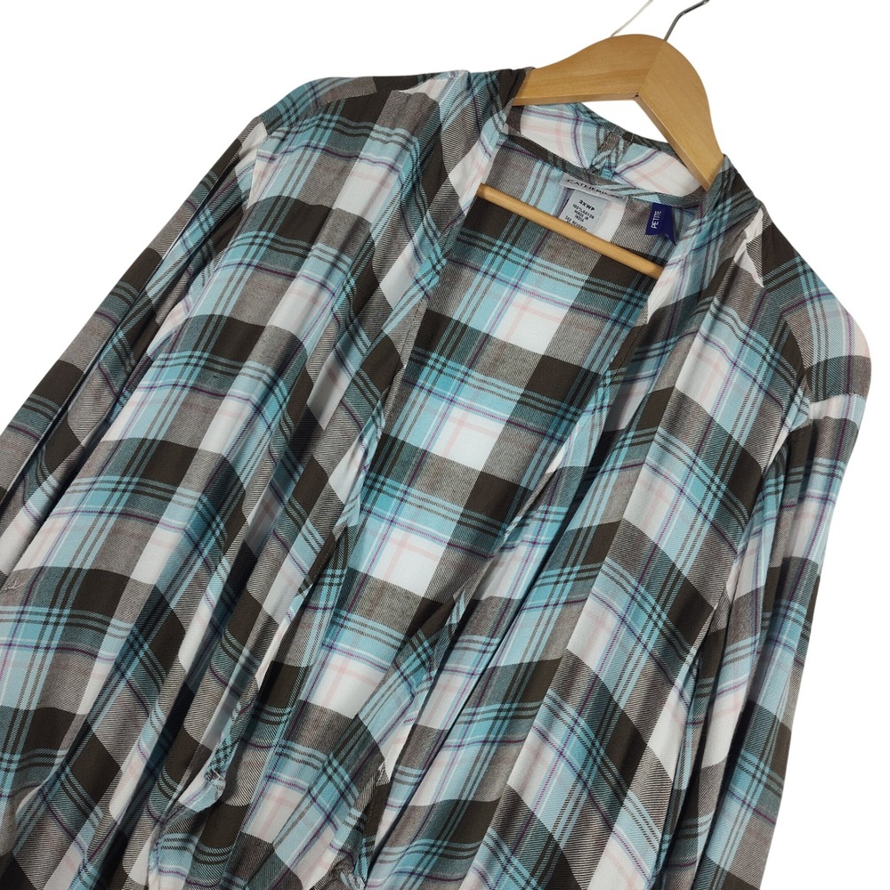 Catherines Petite Plus 3XWP Plaid Open Front Cardigan Blue Brown Rayon Draped